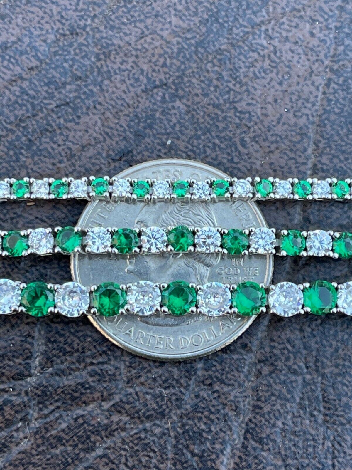 Tennis Bracelet SOLID 925 Sterling Silver Iced Simulated Diamond & Green Emerald
