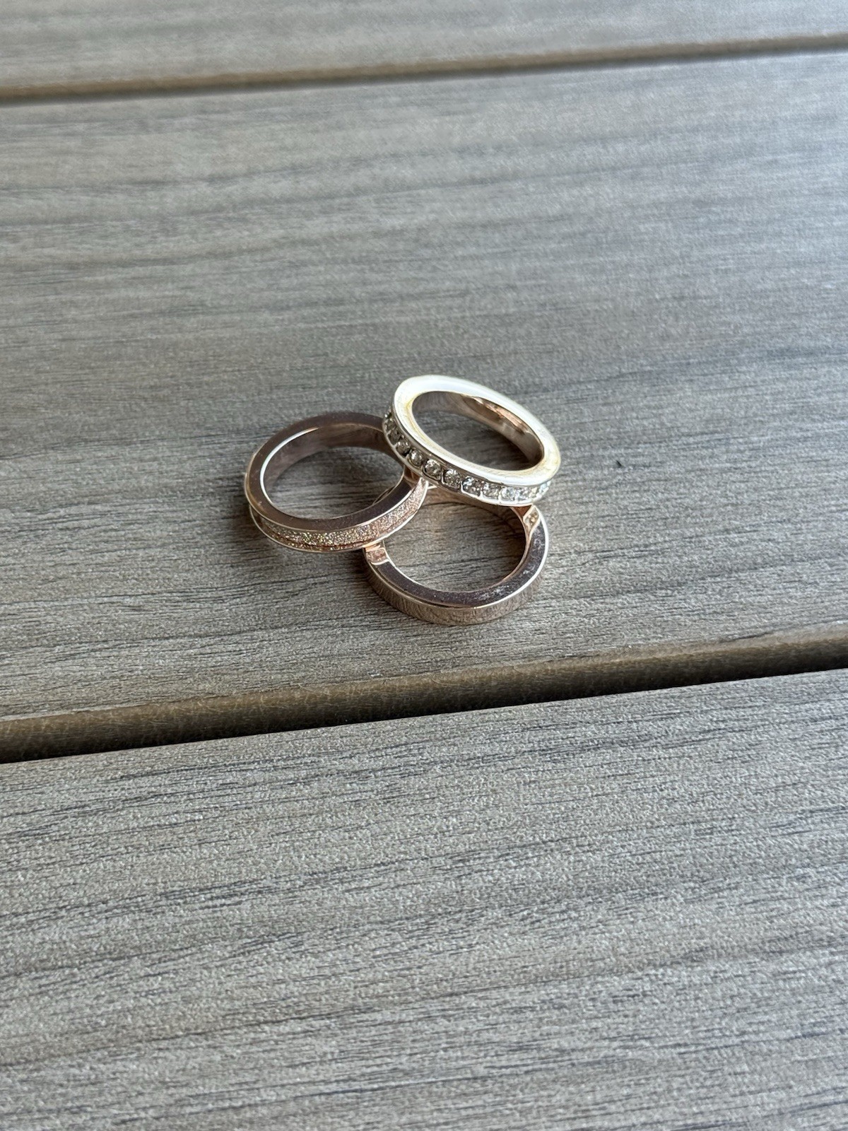Rose Gold Rings set 3 rings 2 with diamonds pattern 1 plain