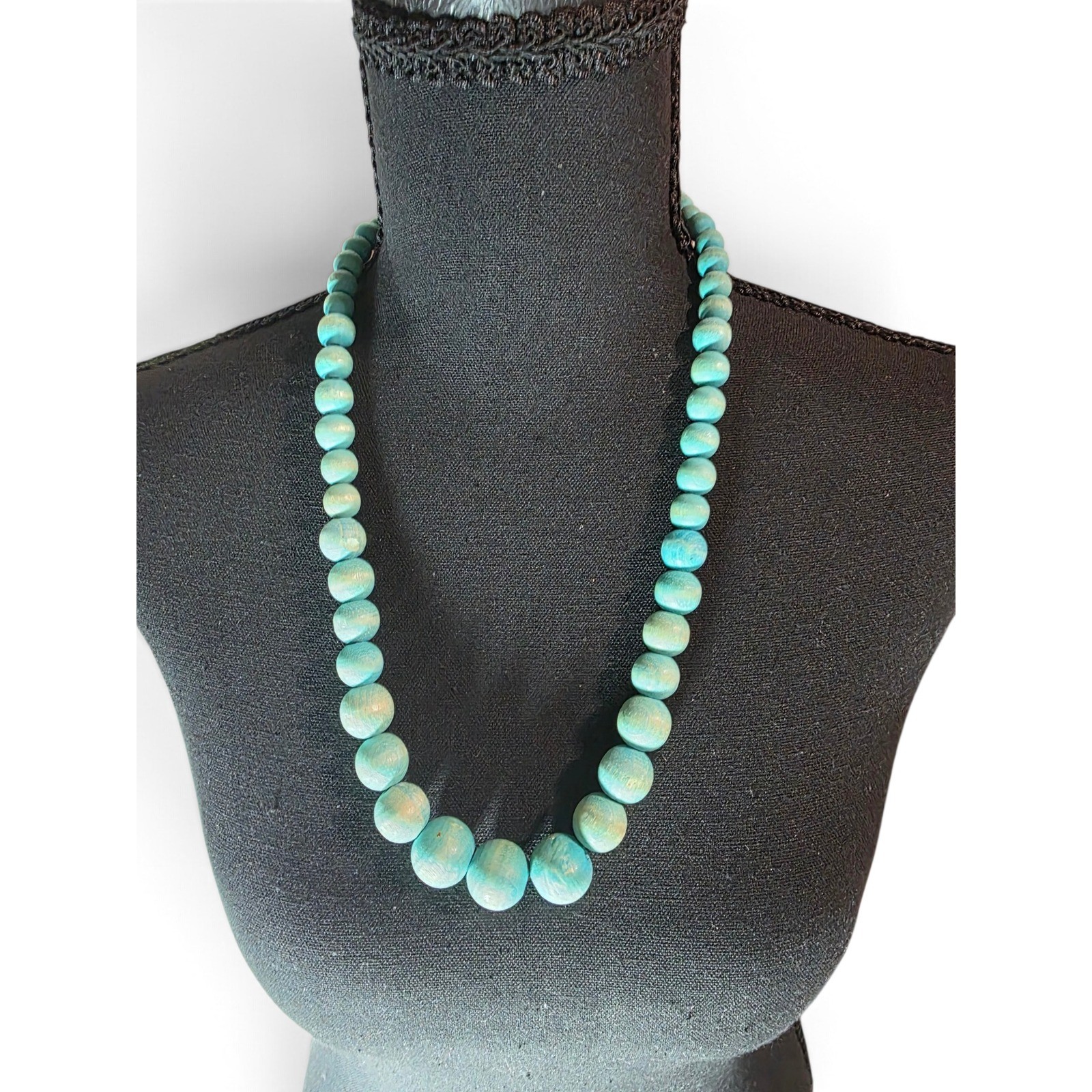 Vintage Boho Distressed Turquoise Blue Wooden Bead Necklace Southwestern Indie