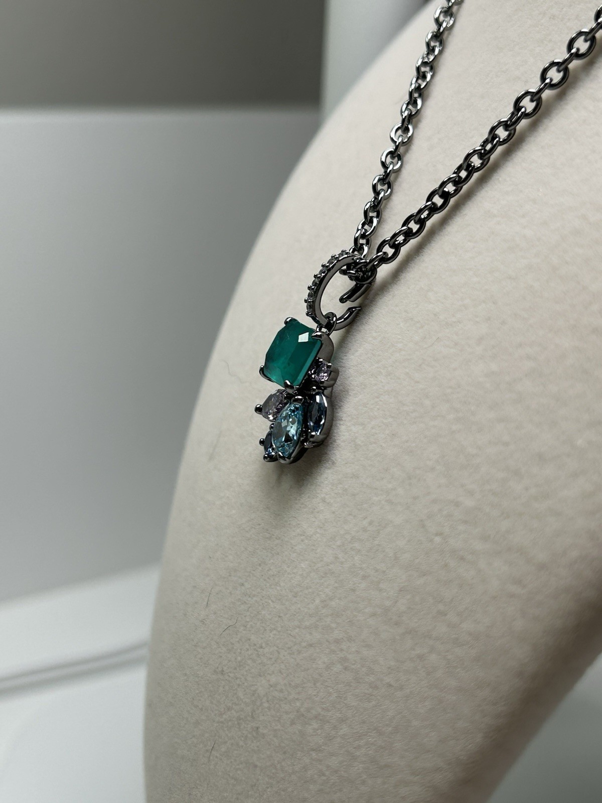 Hematite plated Cable Chain Necklace with Green Blue Cluster Rectangular Pendant