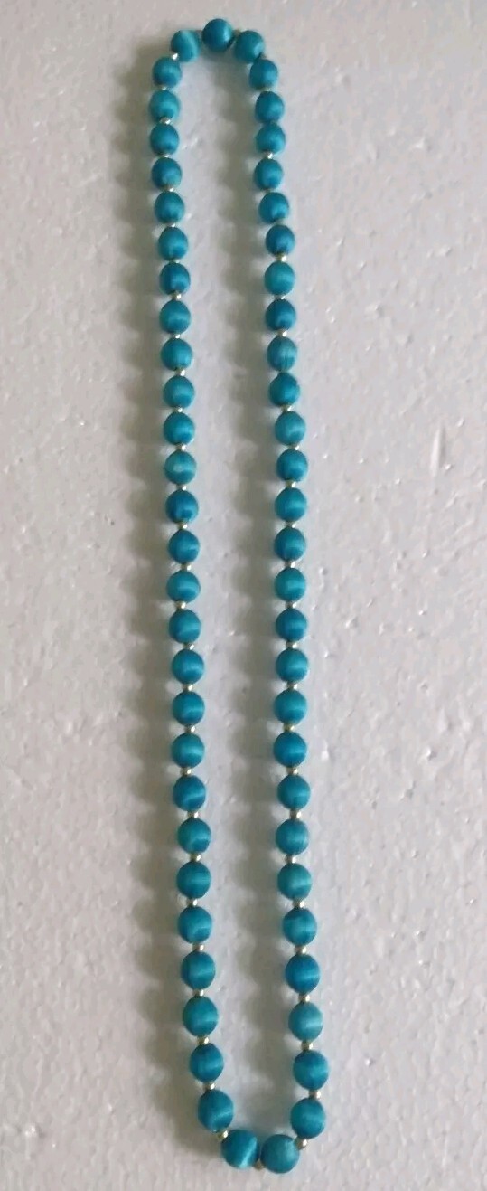 3 Necklaces Made W/ Silk Satin Thread Over Round Beads 28″ In Teal, Navy & Brown