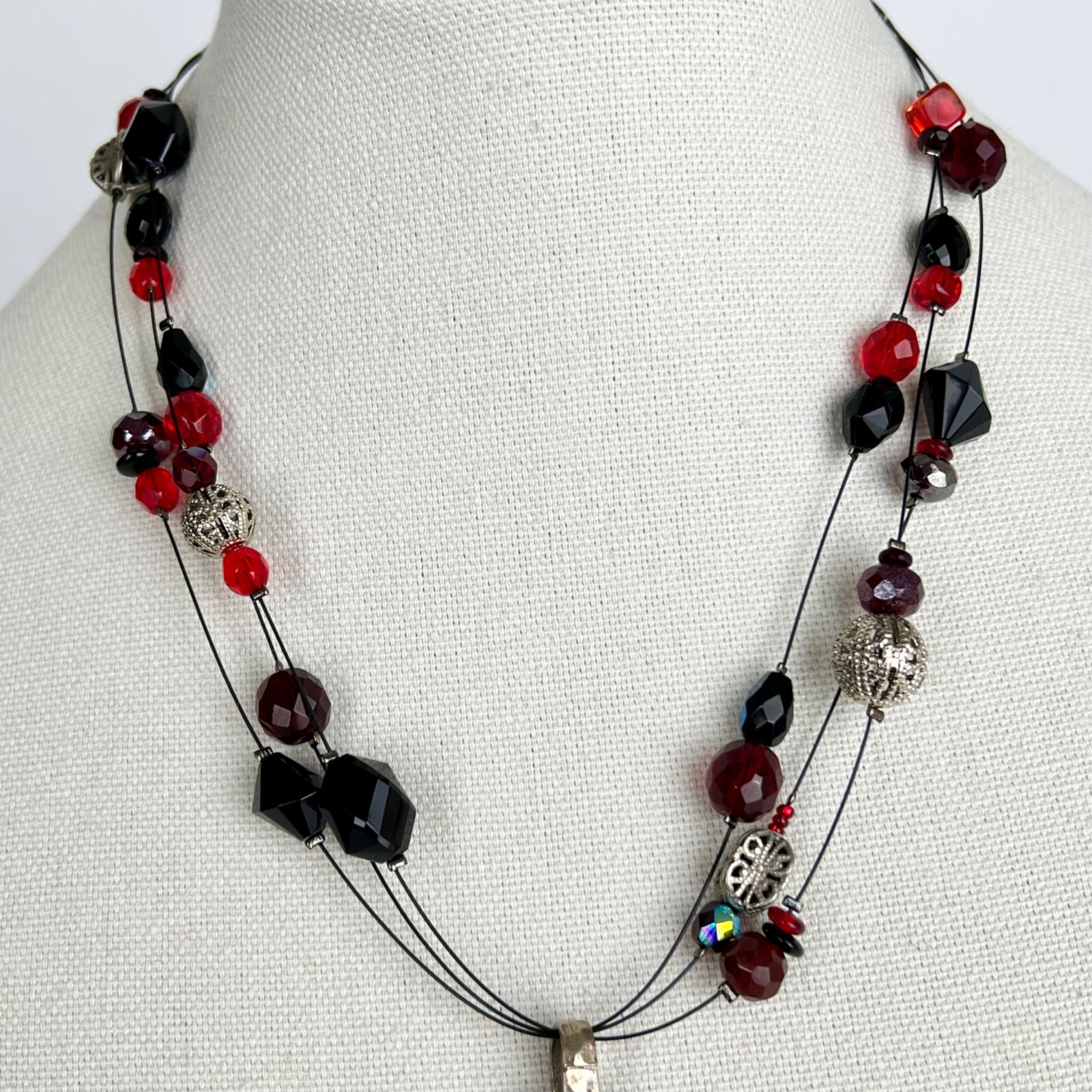 Chicos Antique Silver Red Black Pendant Necklace Earrings Matching Set