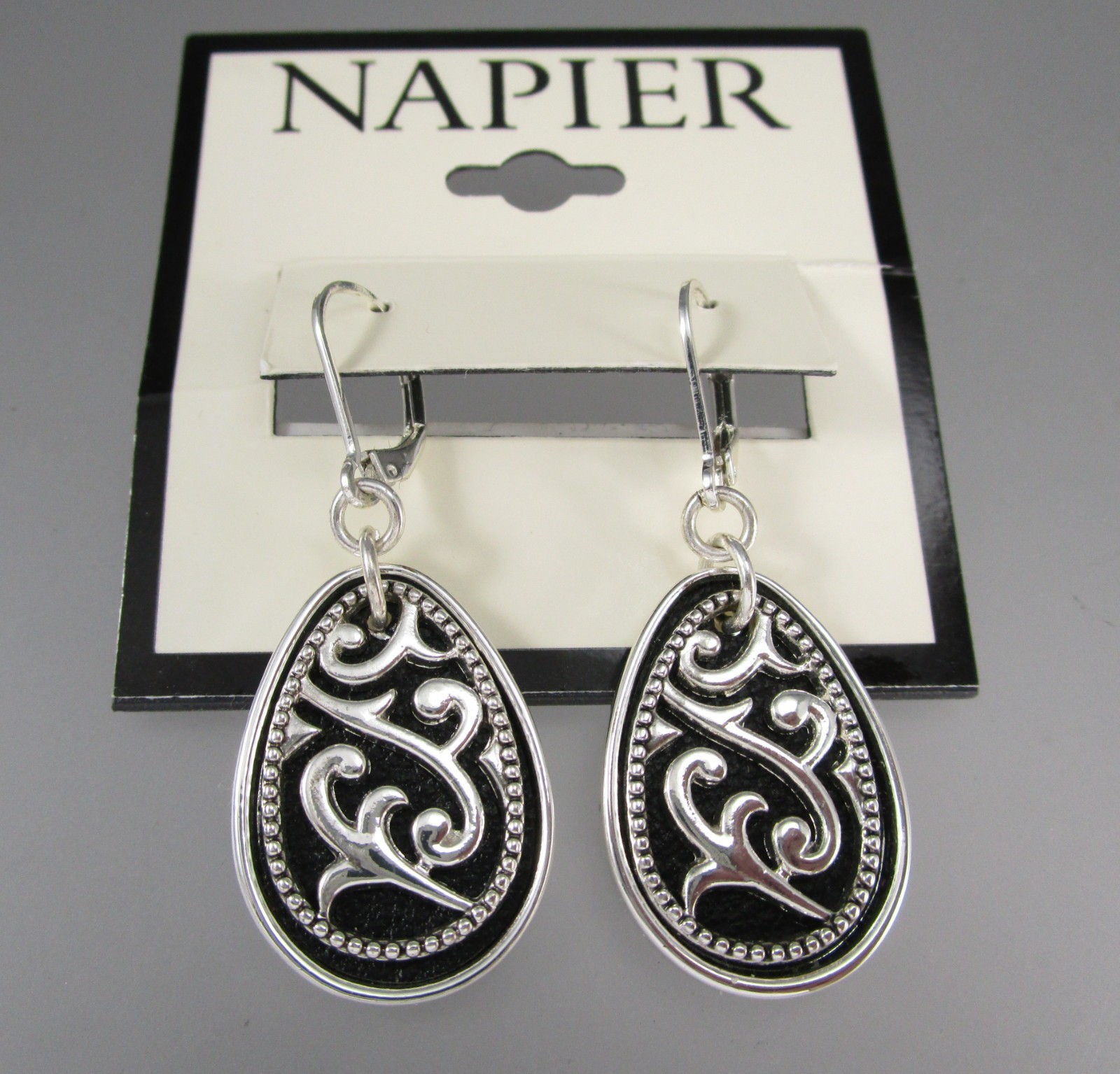 NWT NAPIER 1 3″ Dangling Teardrop silver Tone Black Leverback Earrings 179m