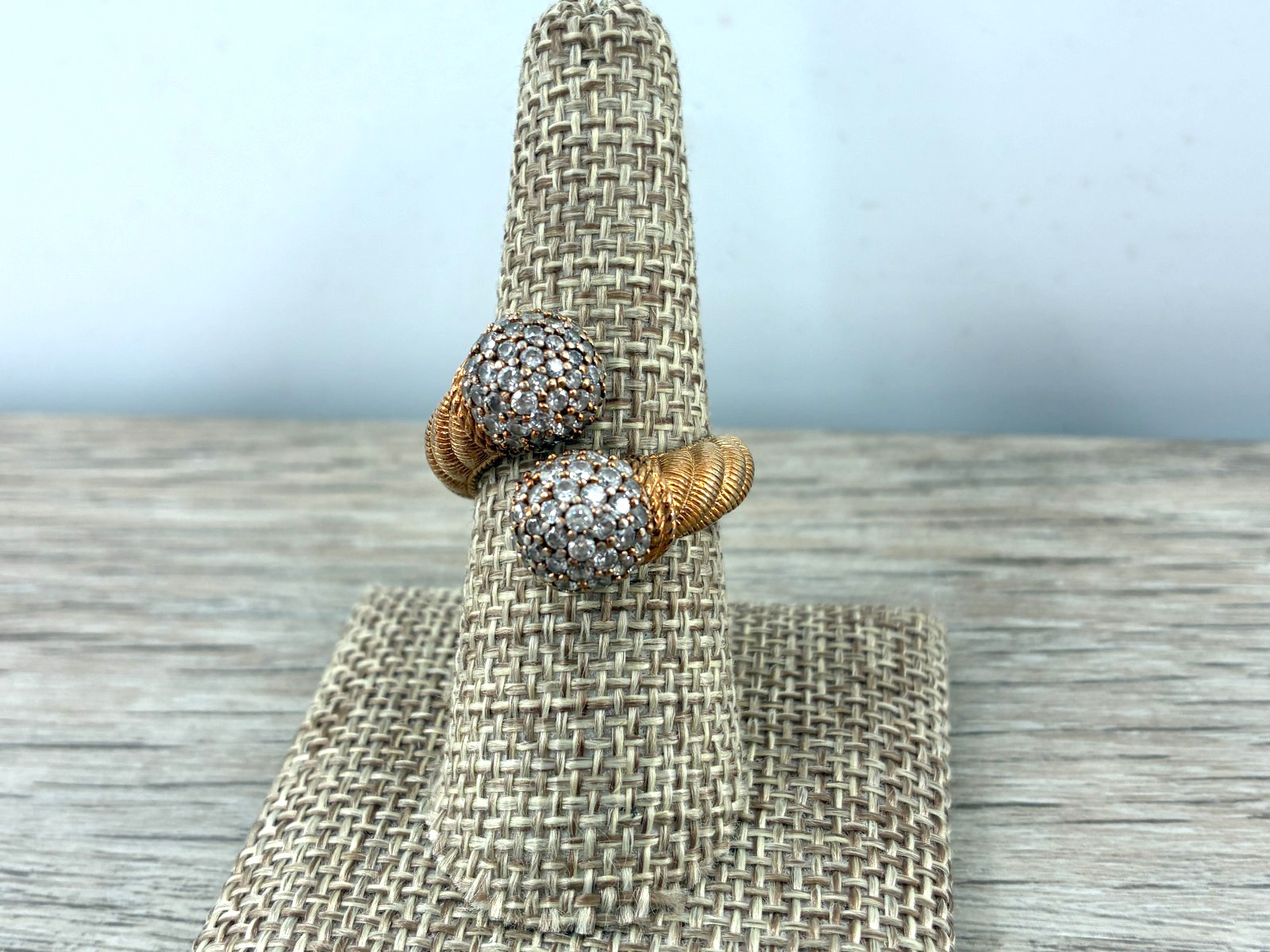 Vintage Judith Ripka Bypass Ring CZ Sphere Ball Tips Gold on Sterling Cable Band