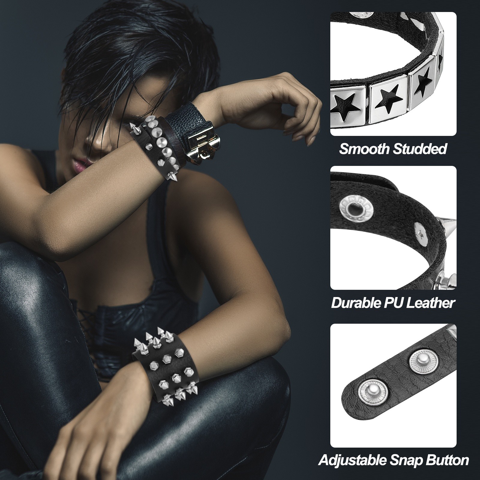 3Pcs Rock Studded Bracelet Set 8.7″/22cm Adjustable Bracelets Brown