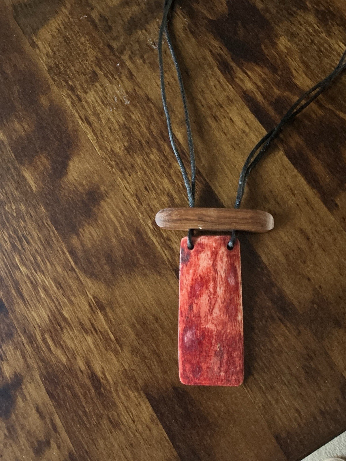 Statement Boho Arty Lagenlook Long Cord Necklace Wood & Resin pendant