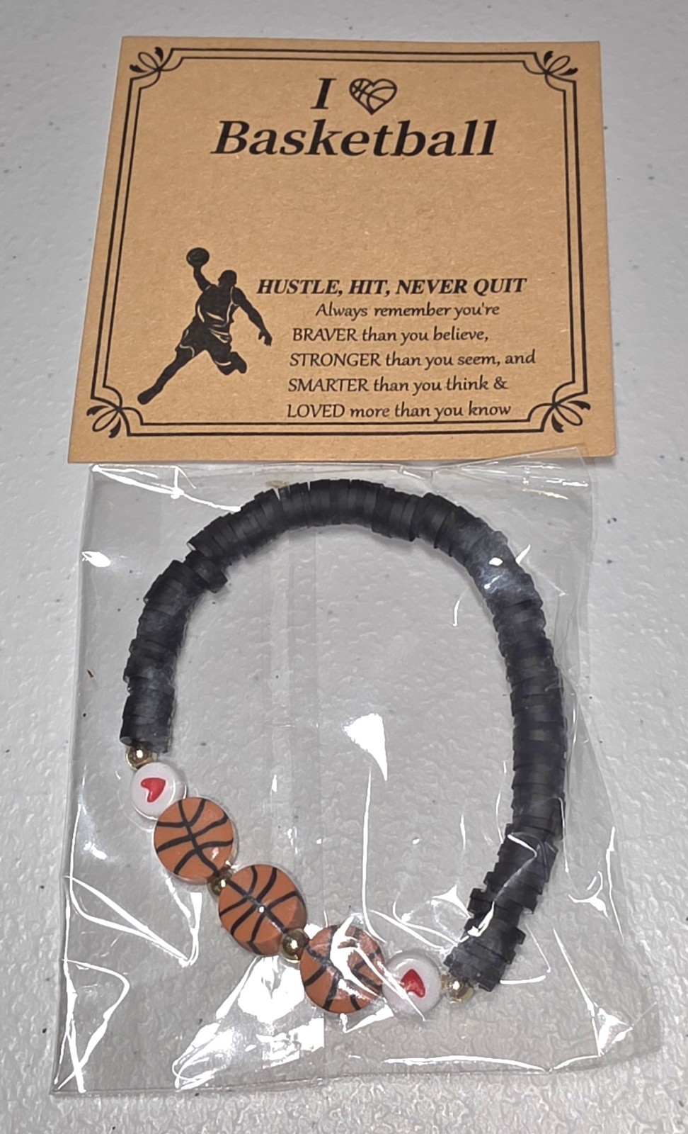 Sports Basketball Heart Clay Beaded Bracelet Stretchable w/I Love Basketball Car