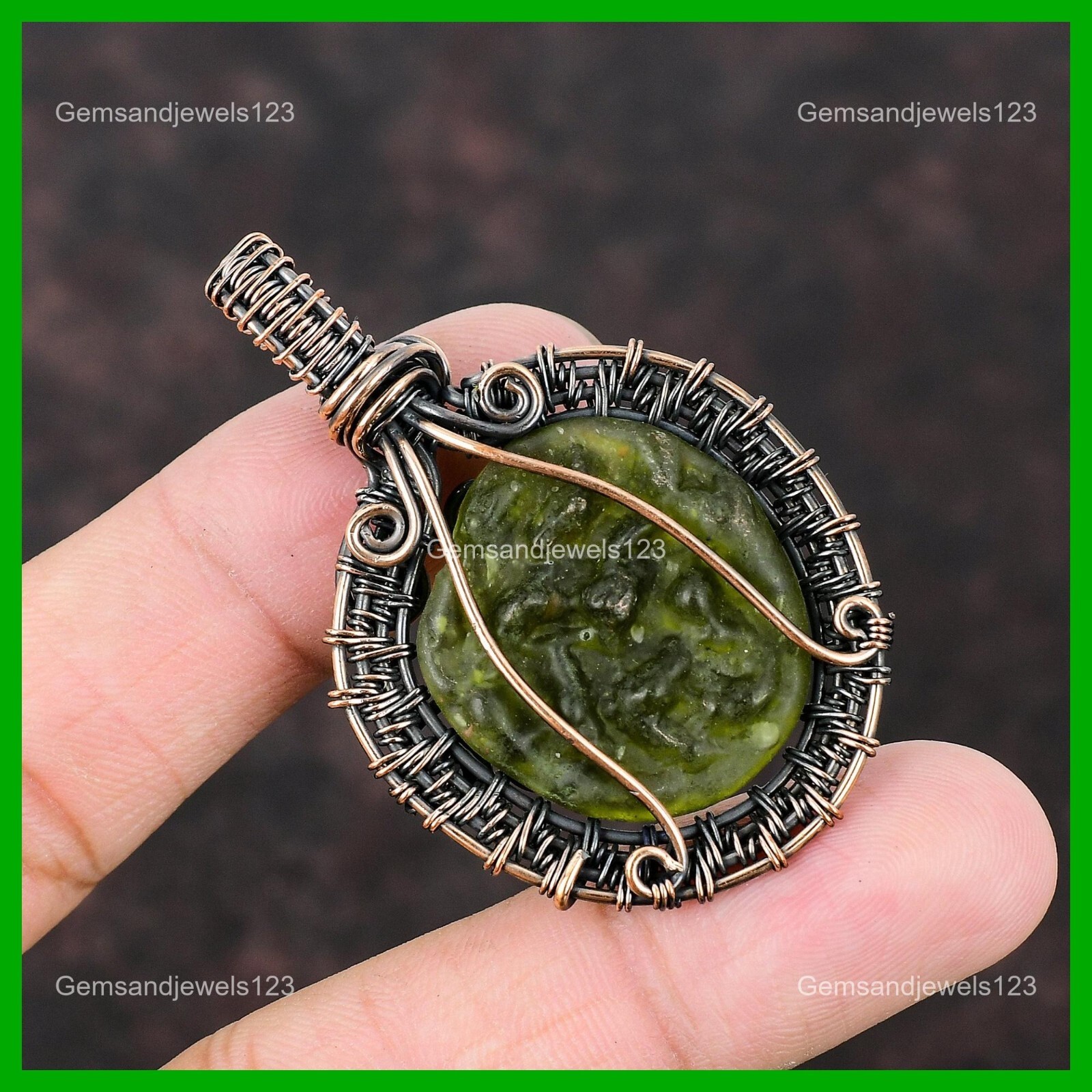Copper Round Moldavite Gemstone Mother Wire Wrapped Artisan Engagement Pendant