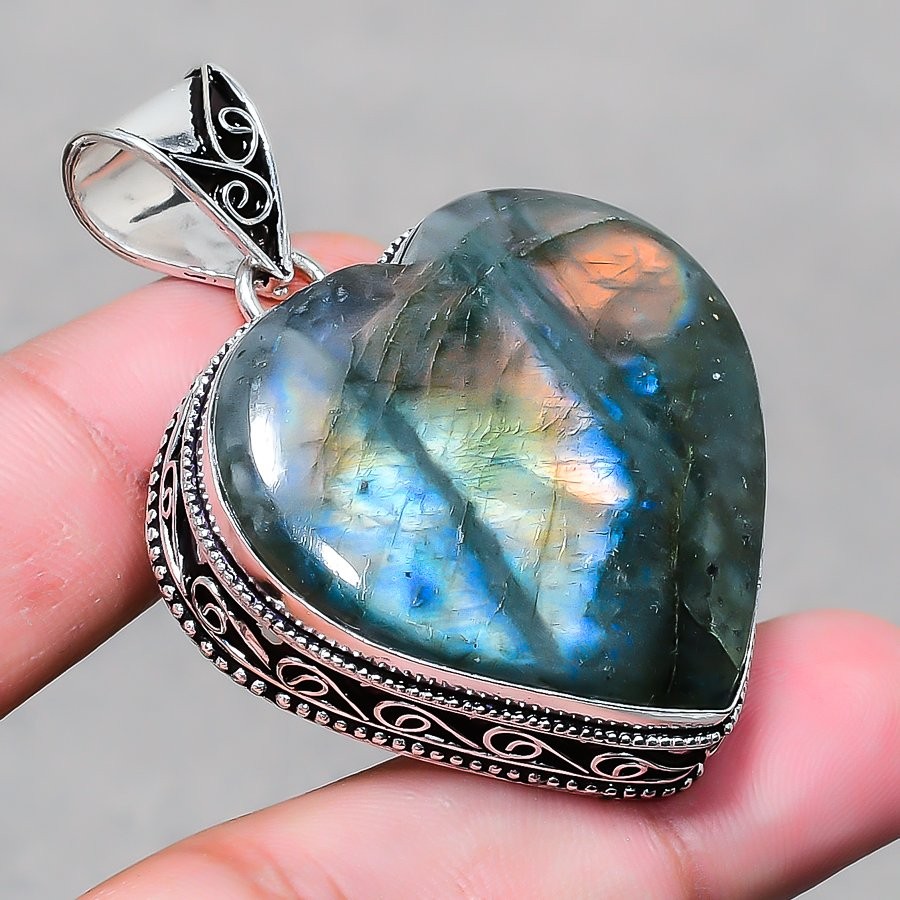 Blue Fire Labradorite Heart Shape Gemstone Pendant Vintage Jewelry 2.3″ VP 3552