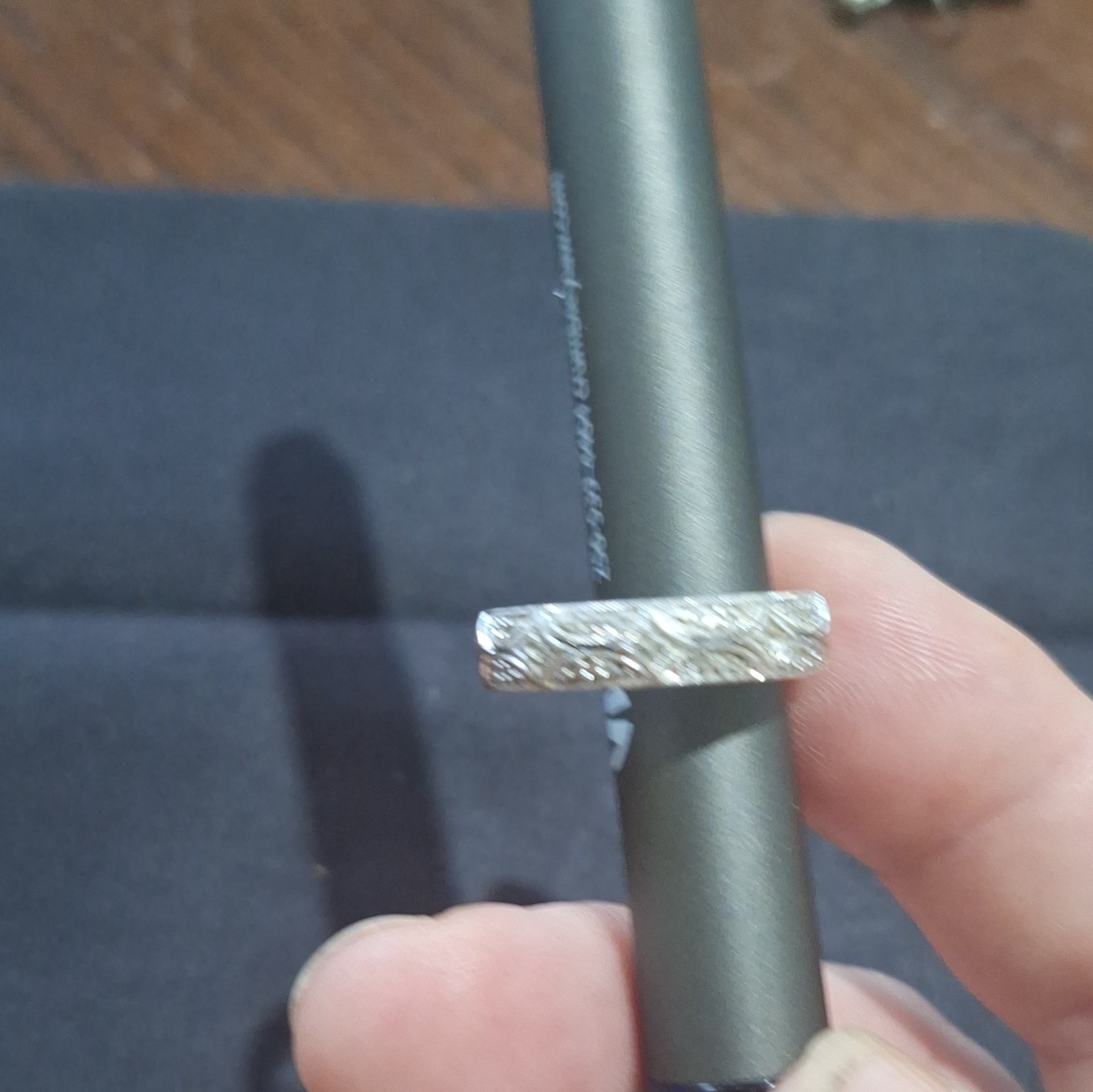 Silver Tone Engraved Band Ring Size 8, 6mm Wide, Diamond Chips
