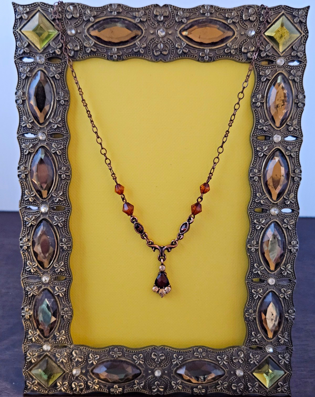 Vintage 1928 Signed Brown Cable Chain Necklace Teardrop Charm Pendant