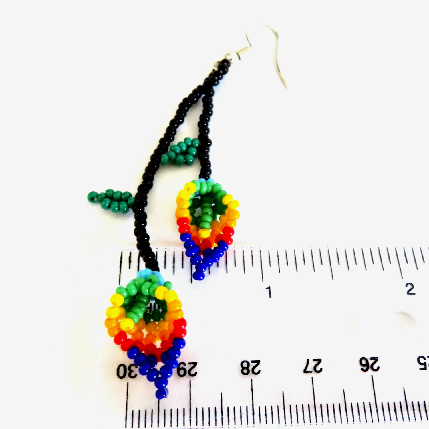 Tribal Earrings Blue Red Beaded Calla Lily Flower Huichol Ethnic Mexico Folk Art
