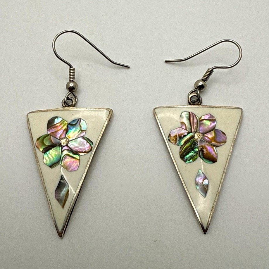 Alpaca Triangle Dangle/Drop Hook Earrings Abalone Shell Flower Inlay