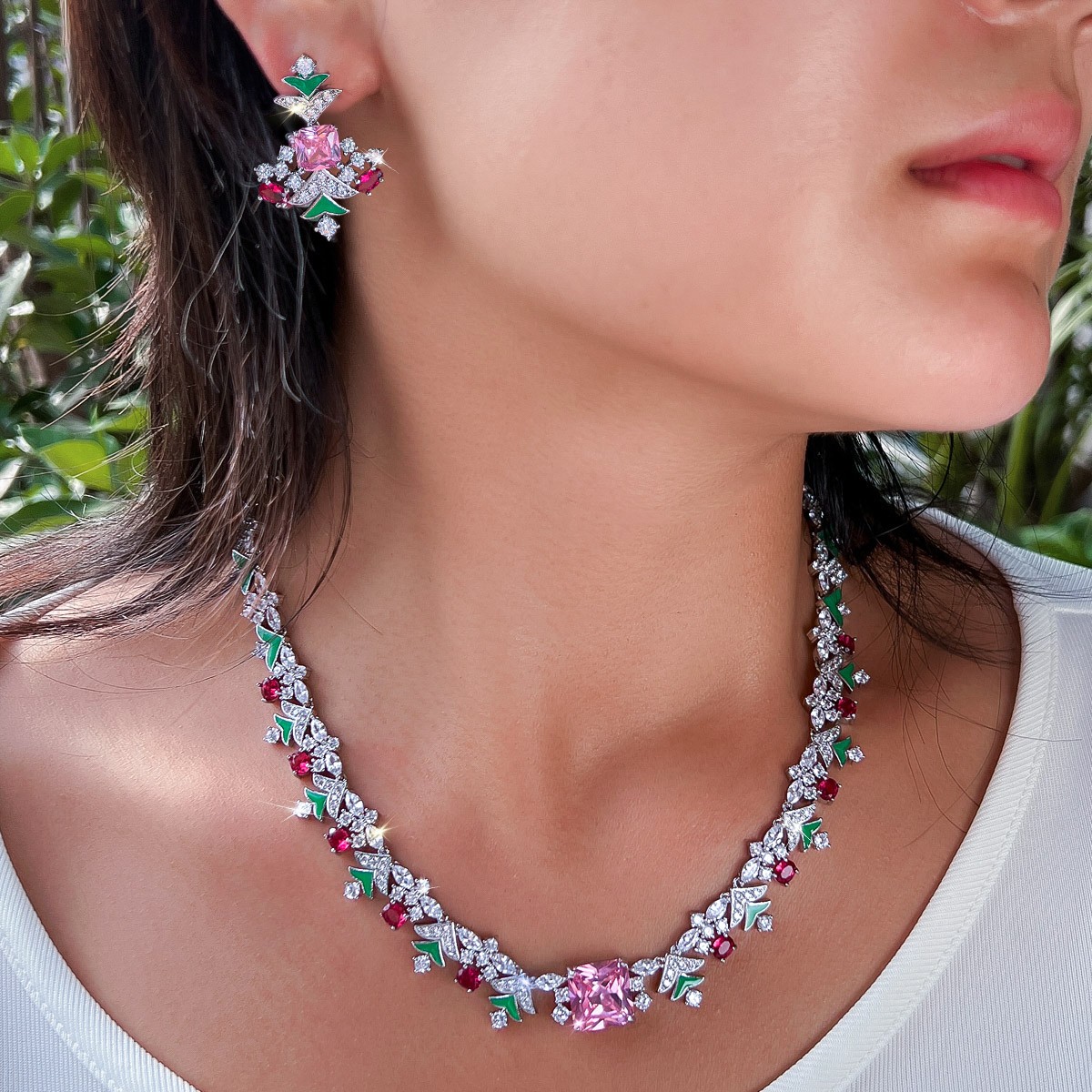Christmas Tree Drop Earrings and Necklace Silver Plated Zircon Party Jewelry Set