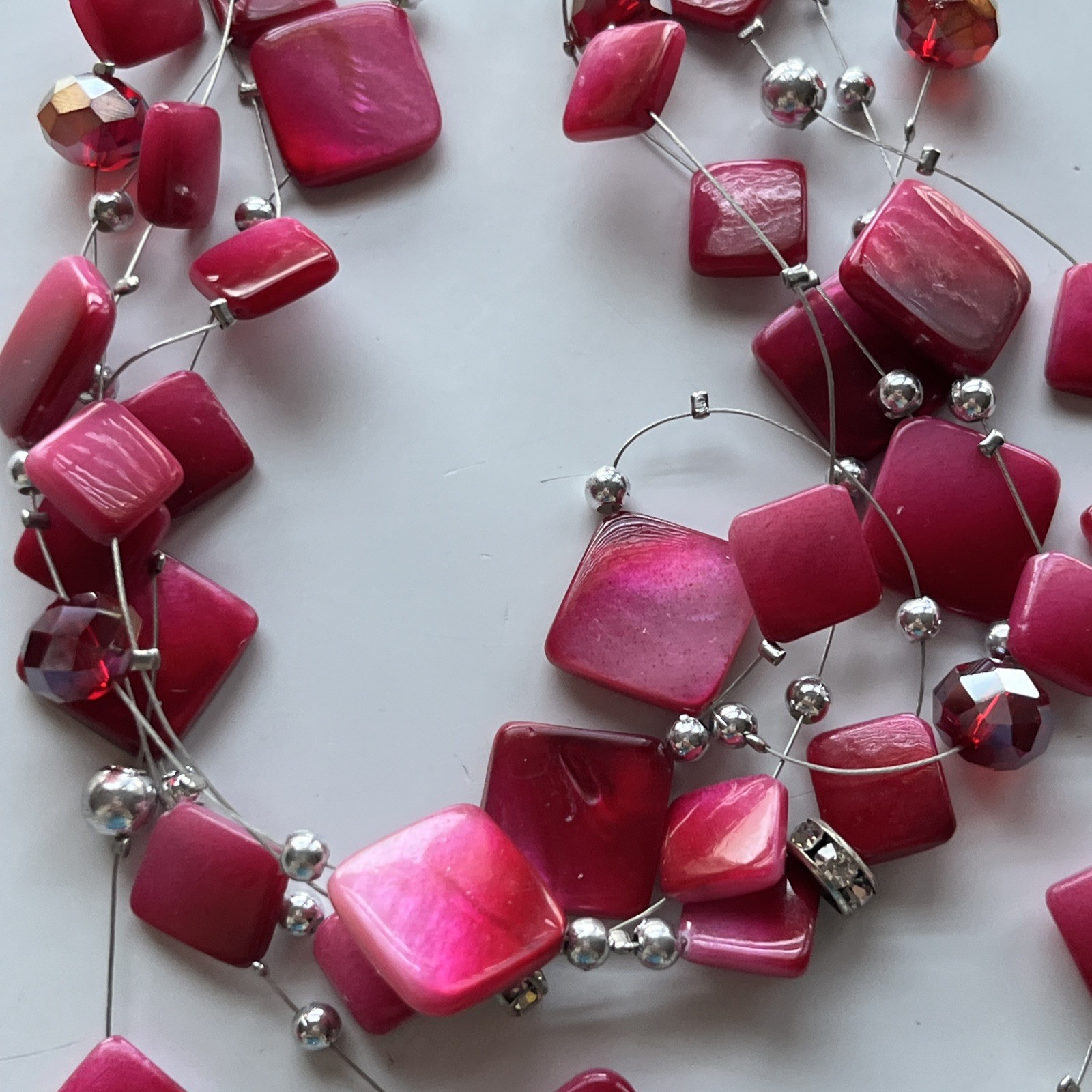 5 layers 27 inch Layered Hot Pink And Grey silver tones Beaded Necklace elegant
