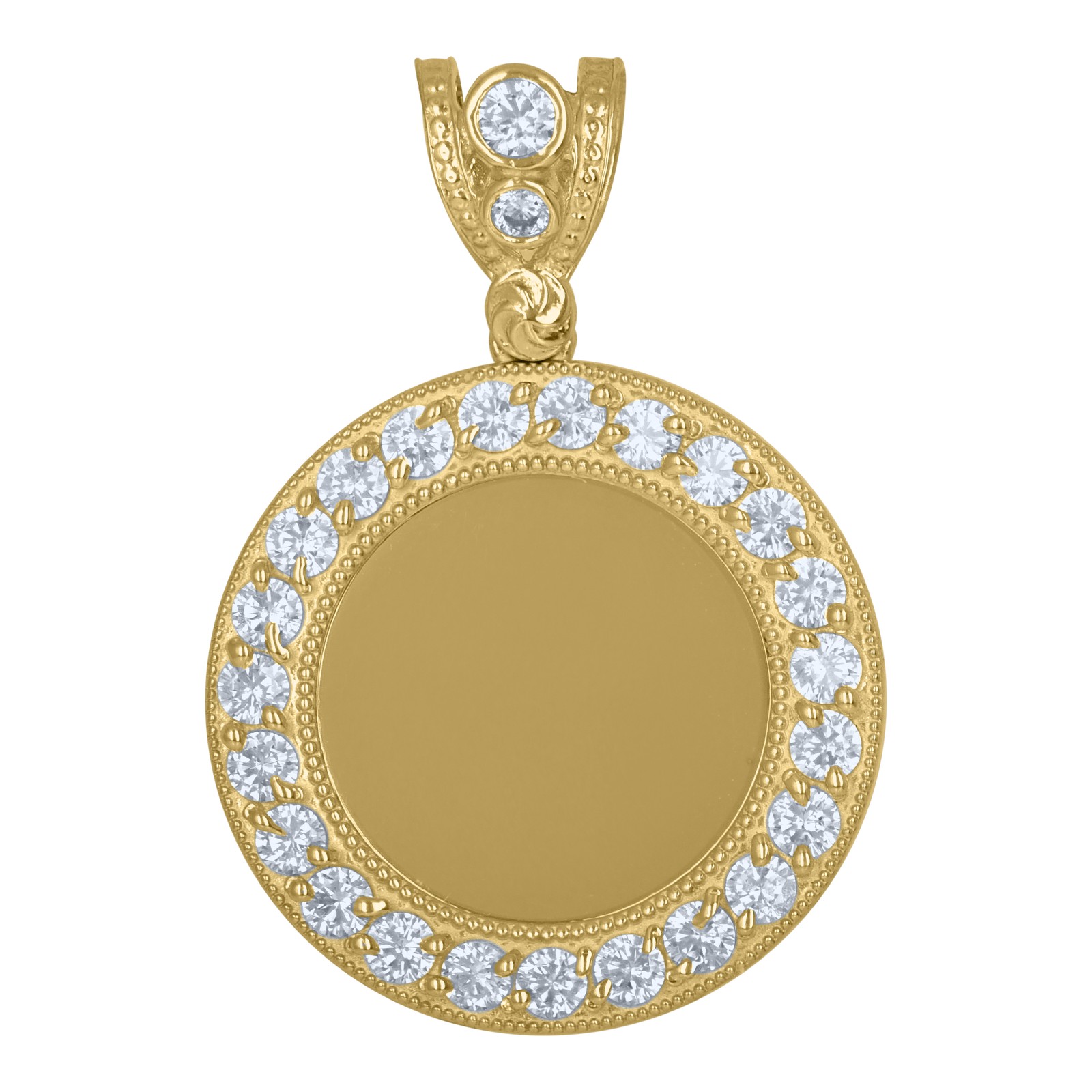 10K Yellow Gold CZ Men’s 1.35″ Beaded Border Circle Picture Memory Frame Pendant