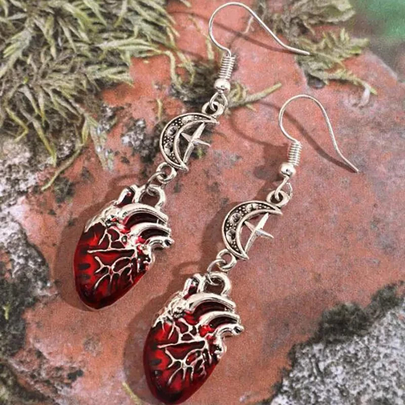 Gothic Anatomical Heart Moon Earrings Vampire Grunge Punk Witchy Drop Jewelry