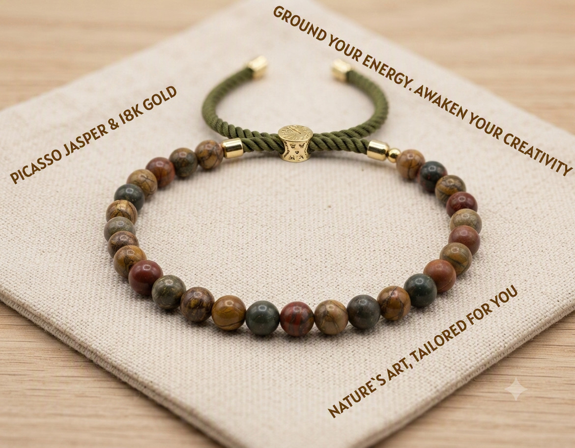 Natural Picasso Jasper Gemstone String Bracelet 18K Gold Plated Strength Gift