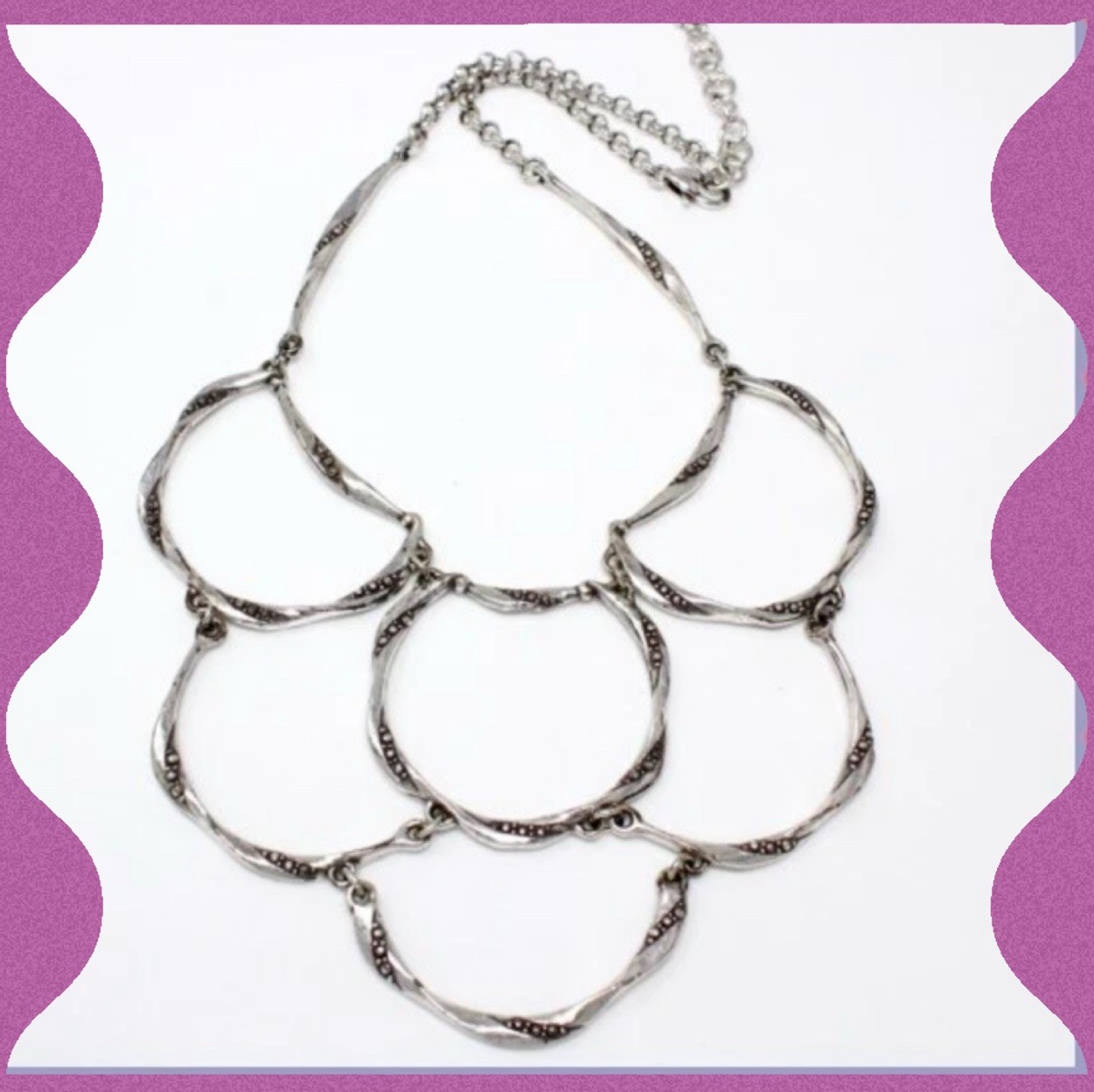 Statement Bib Necklace Silver Tone Clear Crystal Rhinestone Rings Lobster