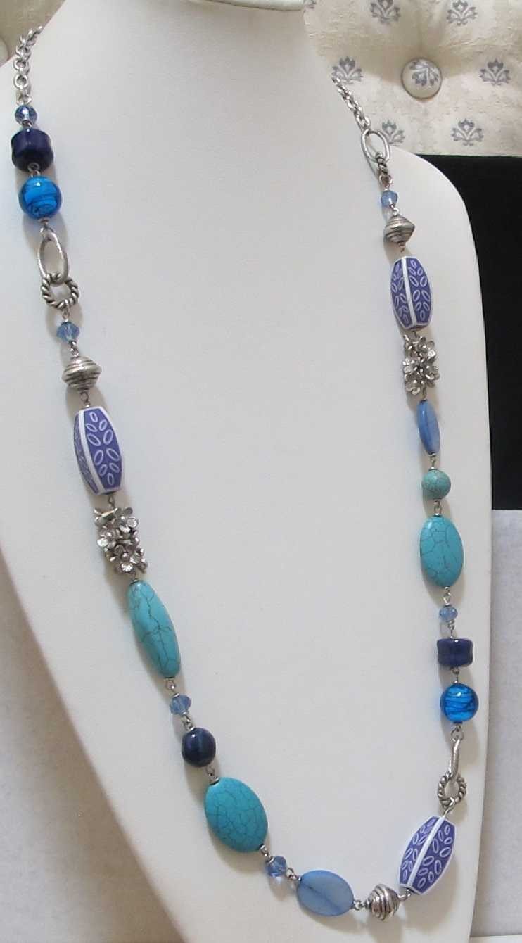 PREMIER DESIGNS “Blue Lagoon” Silver Tone Howlite, Acrylic, Glass 36” Necklace