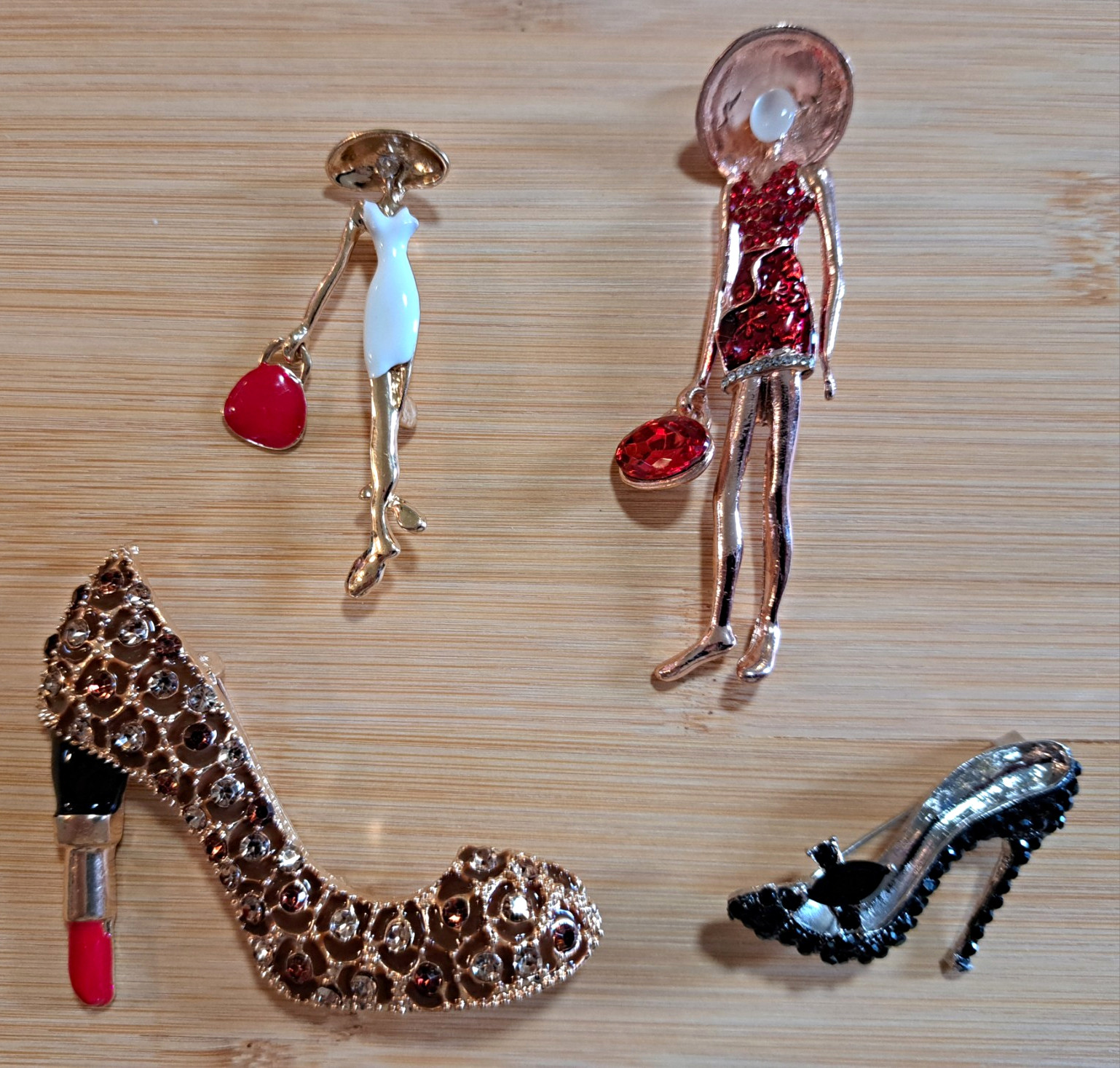 High Heel Shoe & Lipstick Enamel Rhinestone Fashion Brooch Pin Gold/Red