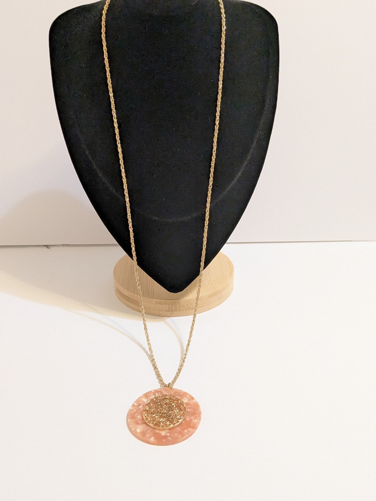 Peach Faux Shell Medallion Pendant Gold Tone Necklace. Metal Scroll Work. 30″.