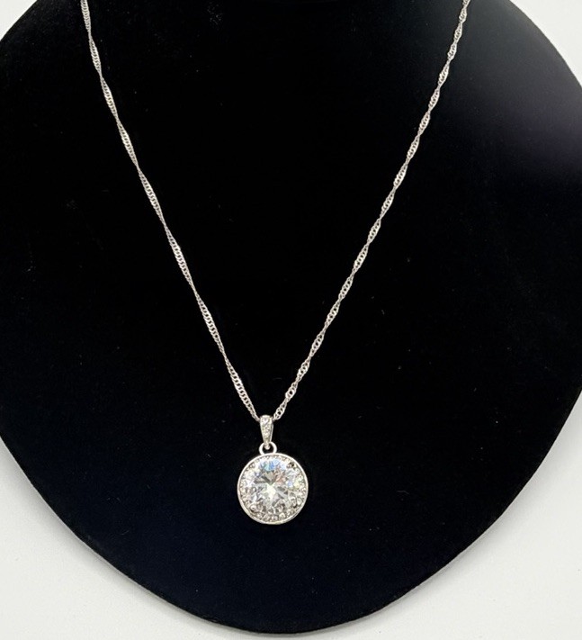 Silver Tone Halo CZ Crystal Pendant Necklace Round Clear Stone Adjustable