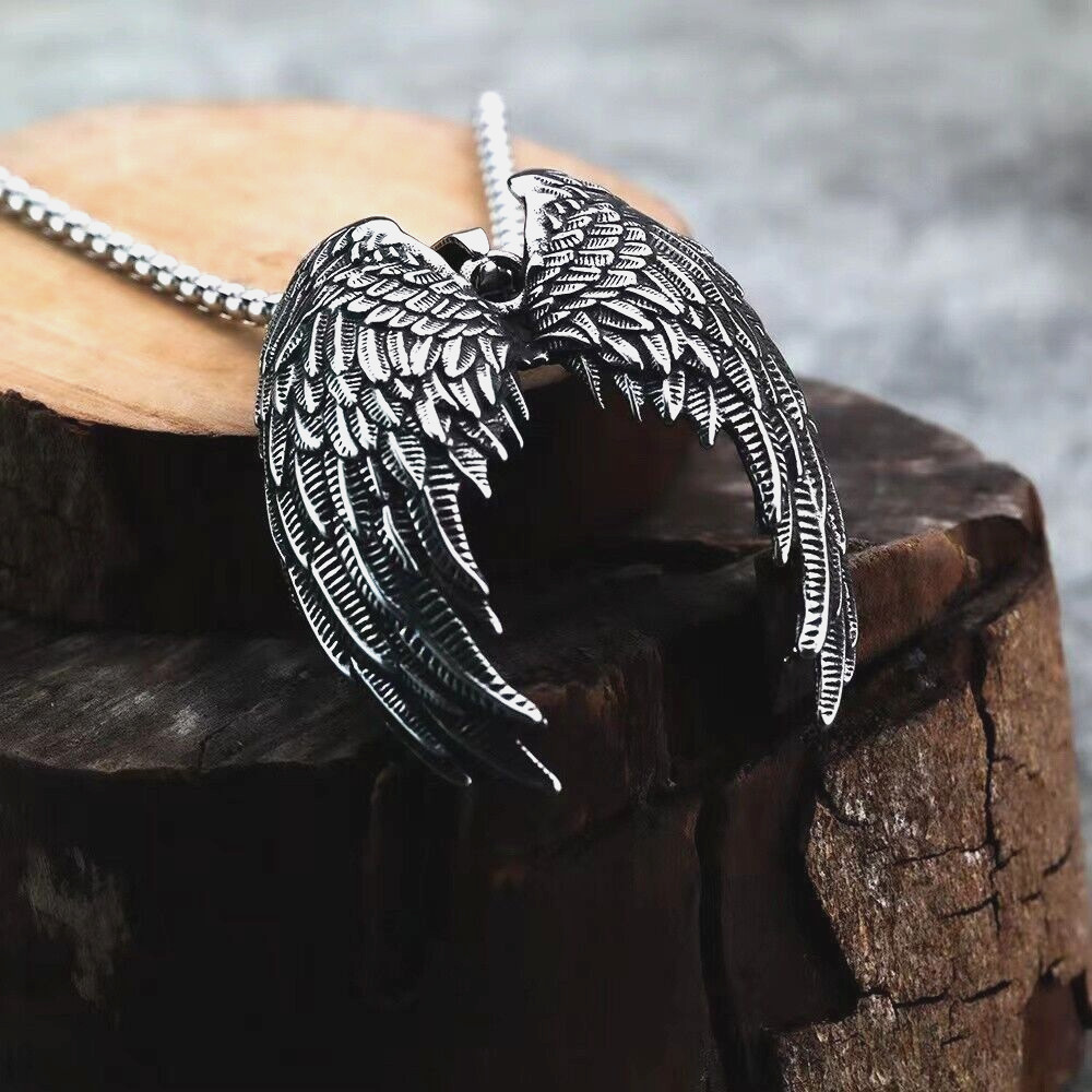 Mens Vintage Silver Guardian Angel Wings Pendant Necklace Stainless Steel Chain