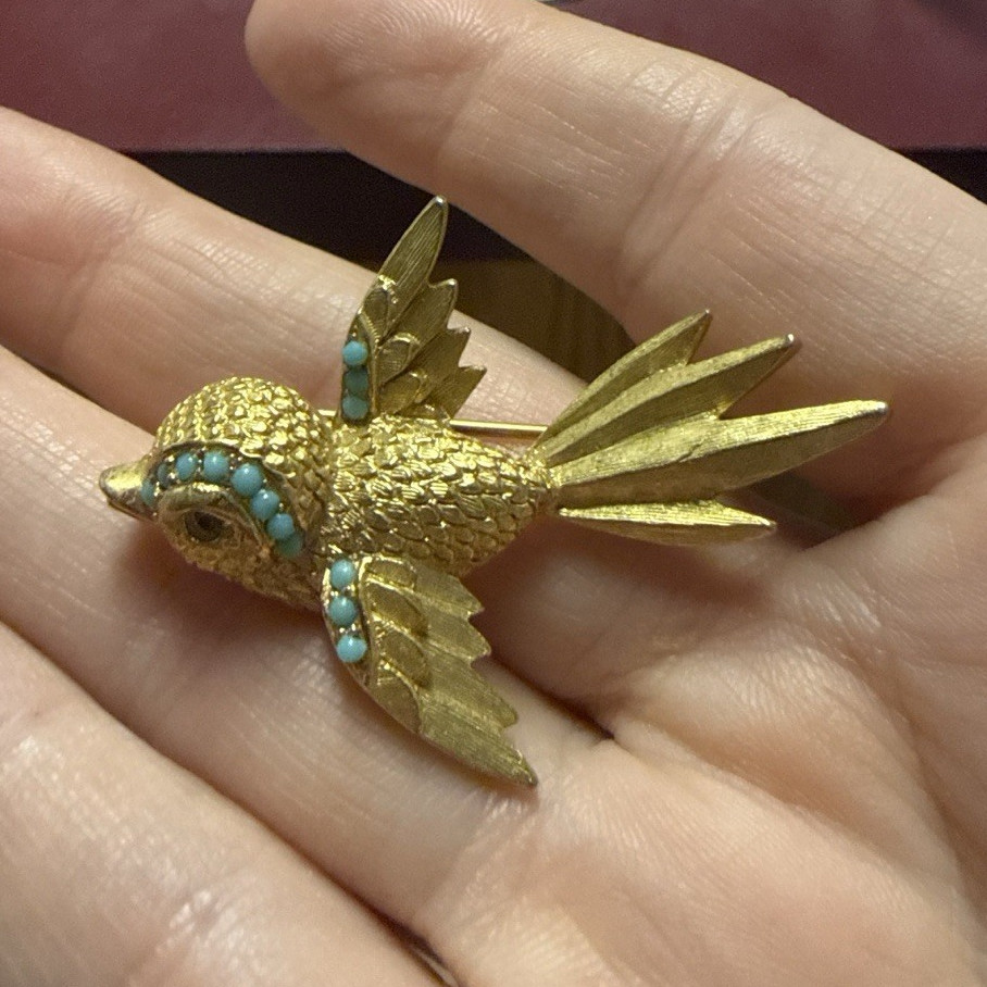 Gold Tone Metal Bird Brooch Pin, Animals & Insects Theme, Blue Round Stones