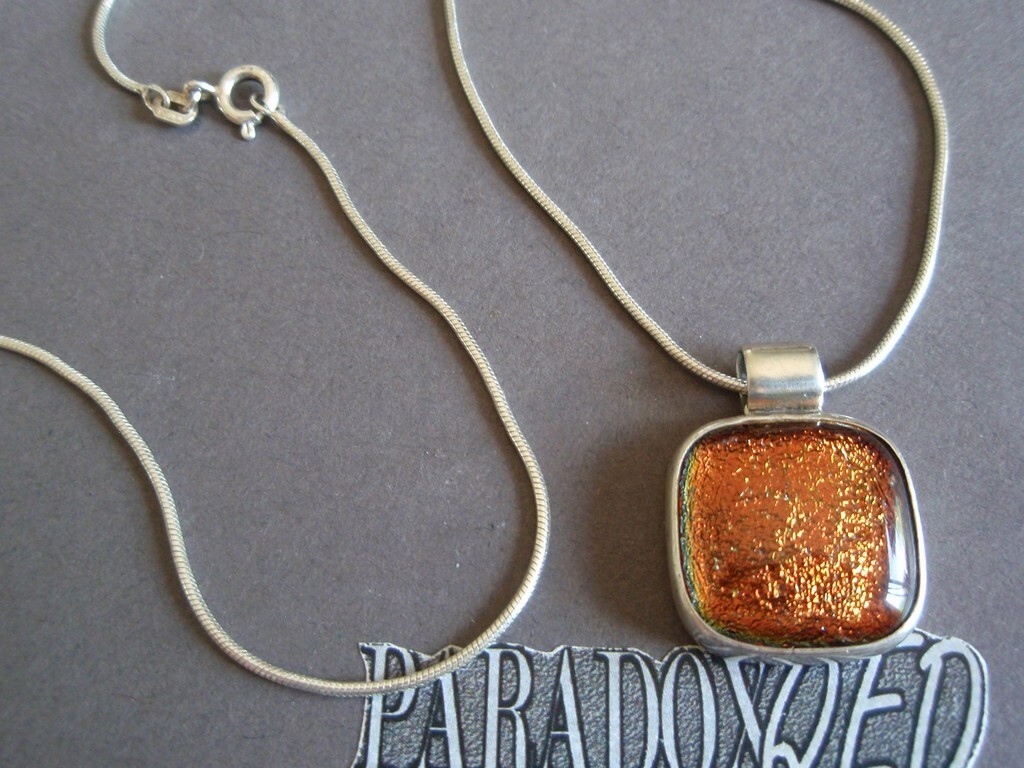 Sterling Silver 925 Brown Gold Dichroic Glass Pendant Snake Chain Necklace FAS