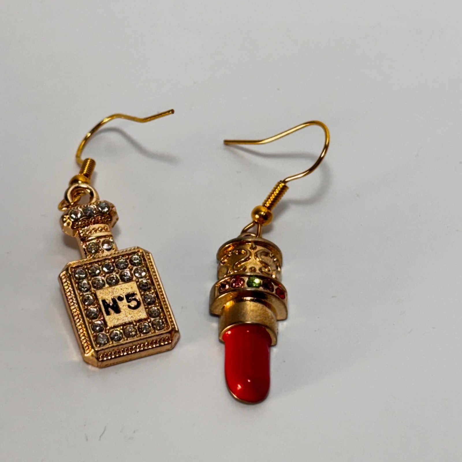 Fashion Earring Lipstick Perfume Gold Tone Rhinestones Charms