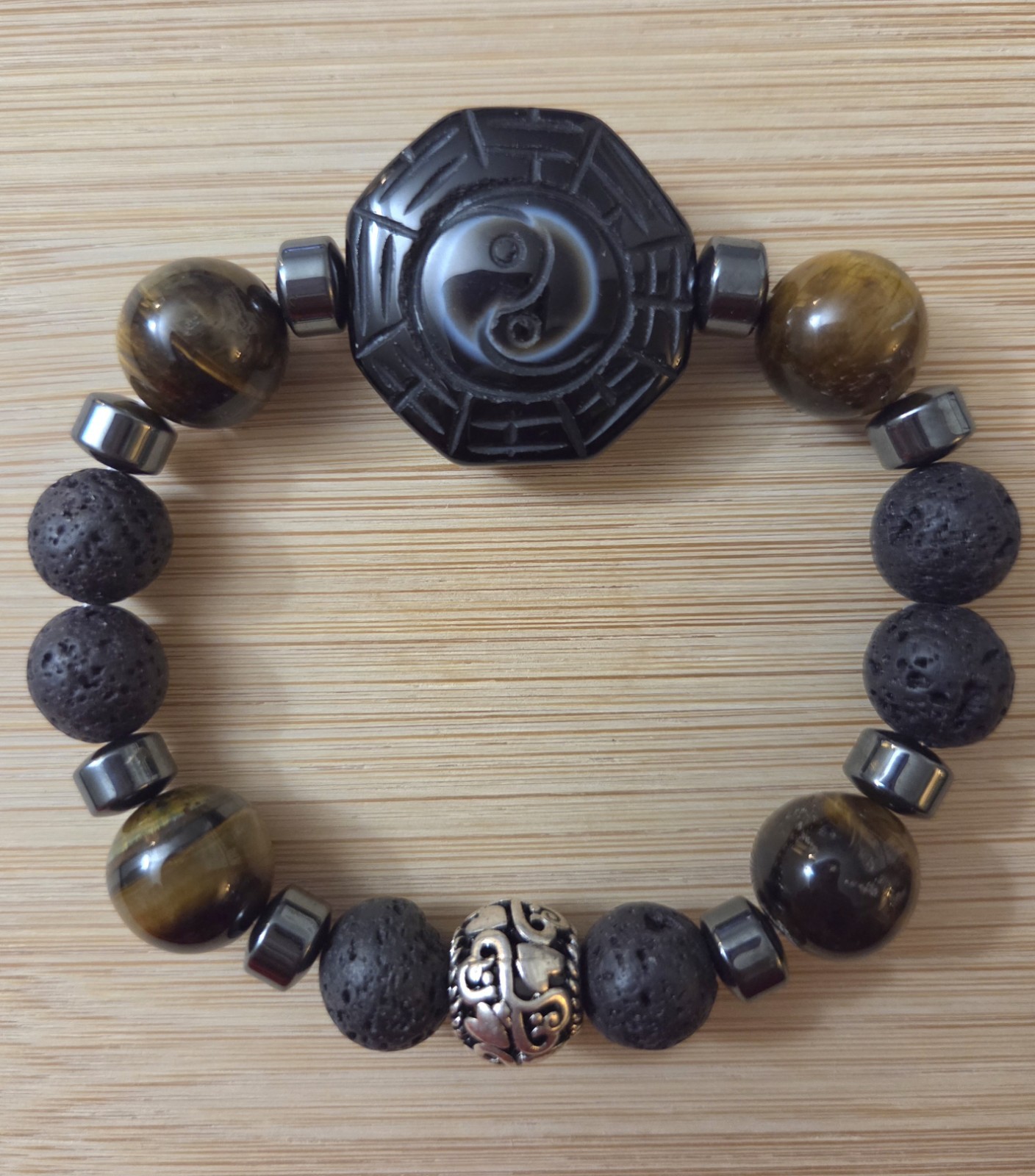 Mens bracelet with double Dzi: Dragon eye and ying yang with natural Stones.