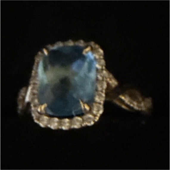 Yellow Gold Blue Cushion Gemstone Halo Cocktail Ring, Size 8