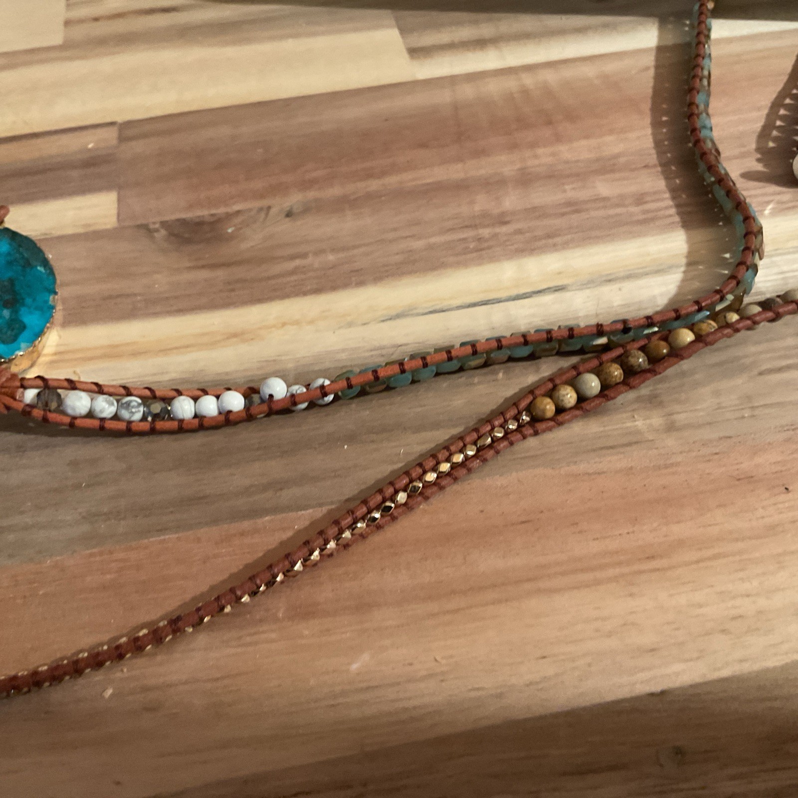 Blue Turquoise Color Stone Gold Edges Leather Beaded Necklace 17 Inches Long