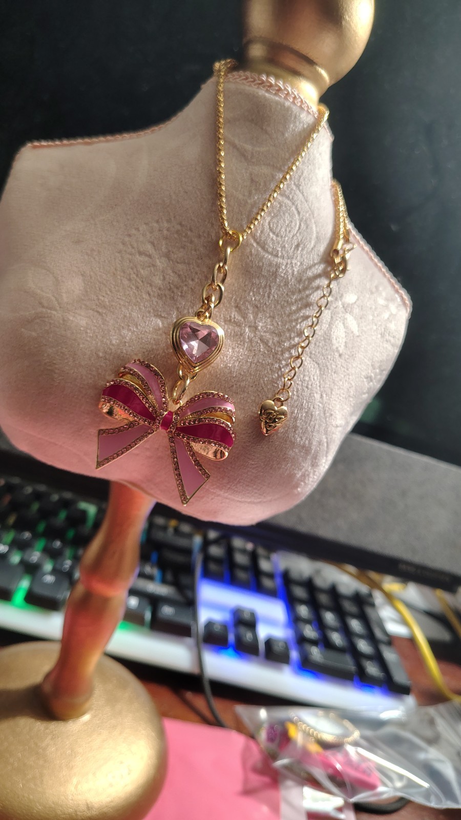 Betsey Johnson Pink Rhinestone Heart And Bow Necklace