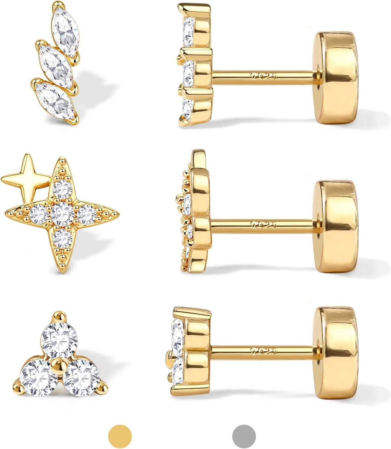 Dochais Flat Back Stud Earrings for Women and Men, Hypoallergenic 14k Gold Plate