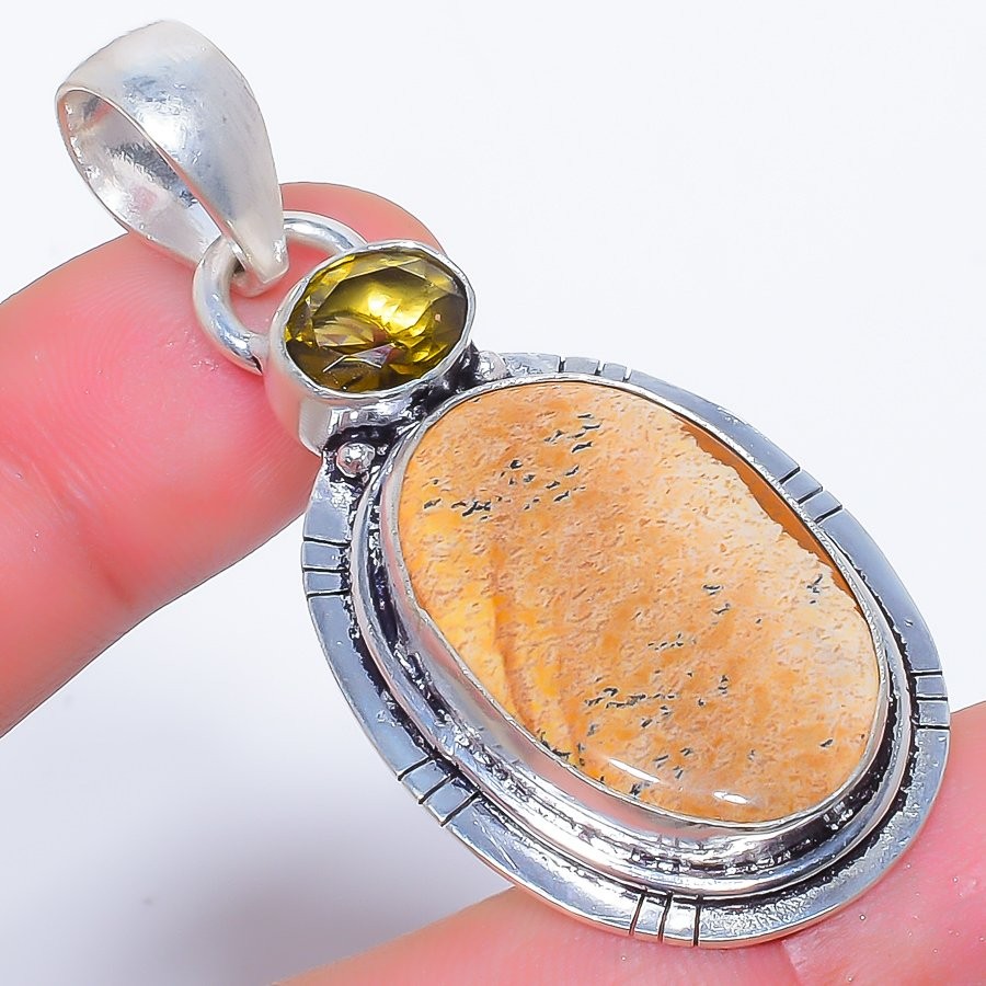 Natural Picture Jasper & Smokey Quartz 925 Silver Plated Pendant 2.3″ F2545