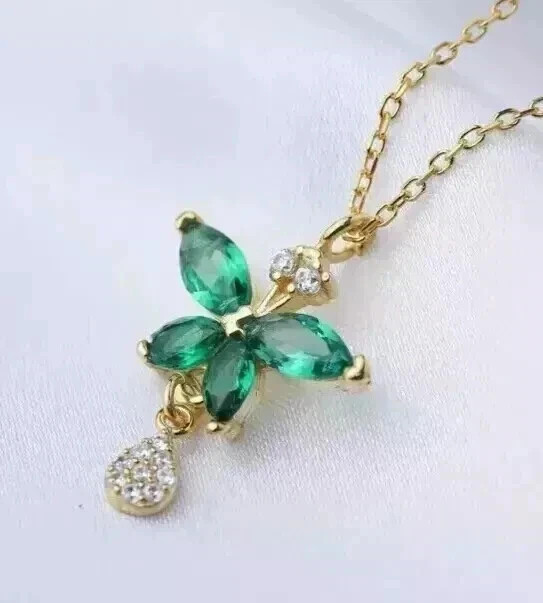 Simulate Emerald 3Ct Marquise Cut Women Butterfly Pendant 14k Yellow Gold Plated