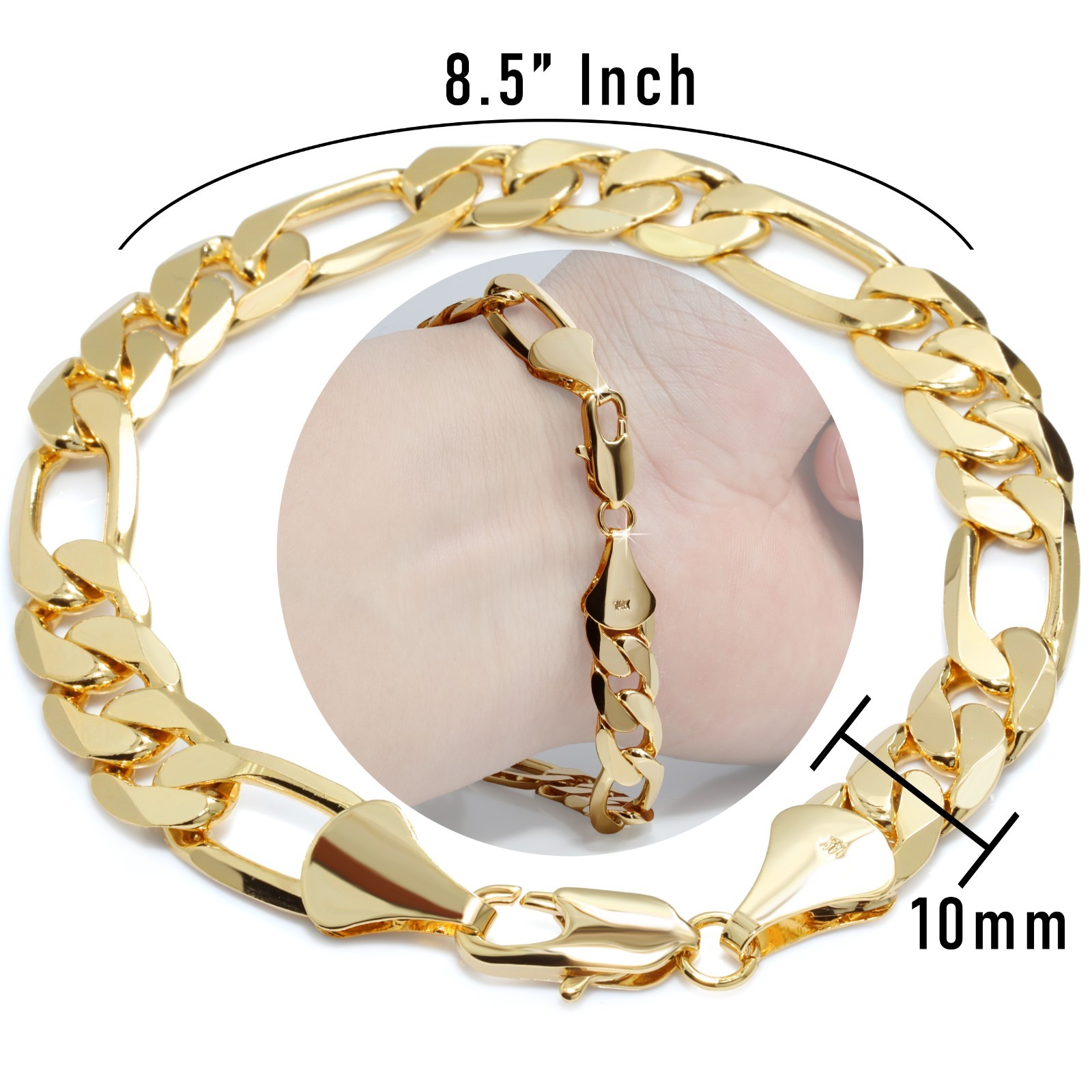 Figaro Link Chain Bracelet 10mm 8.5″ 14K Gold Plated Hip Hop Men’s Solid Fashion