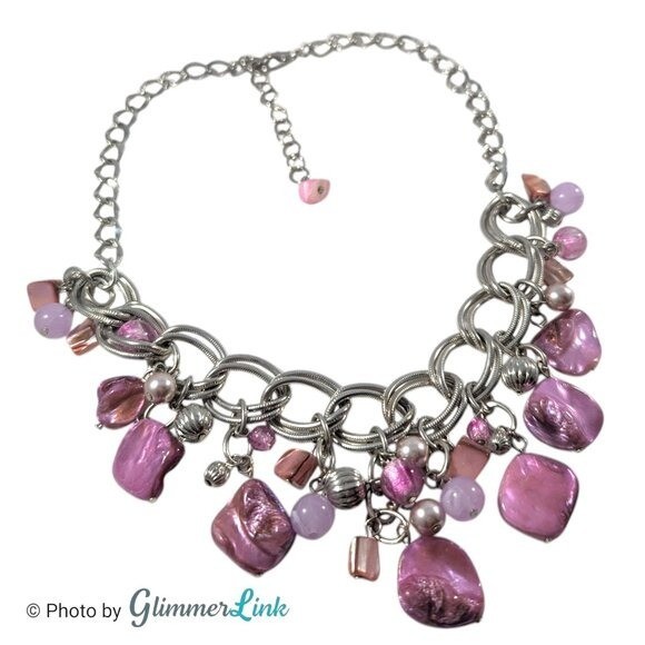 Silver Tone Bib Necklace with Pink Shell Chips Faux Pearls and Acrylic Beads