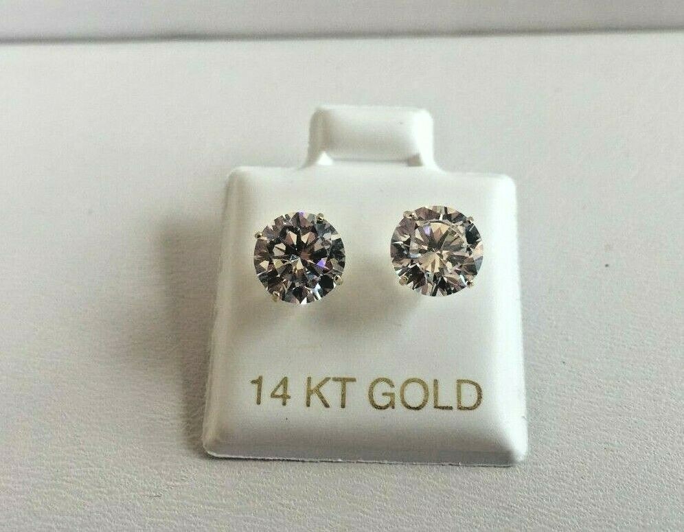 14K SOLID YELLOW GOLD STUD EARRINGS W/ 4 CARATS ROUND SIMULATED DIAMONDS