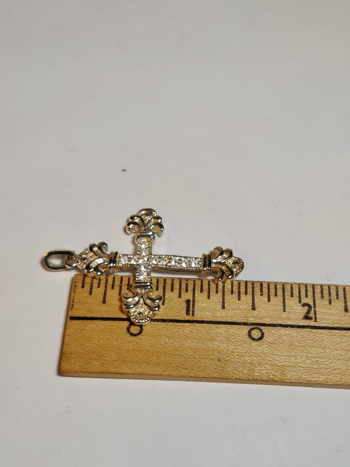 Signed Roman Cross Pendant With Rhinestones Silver Tone 1.5″
