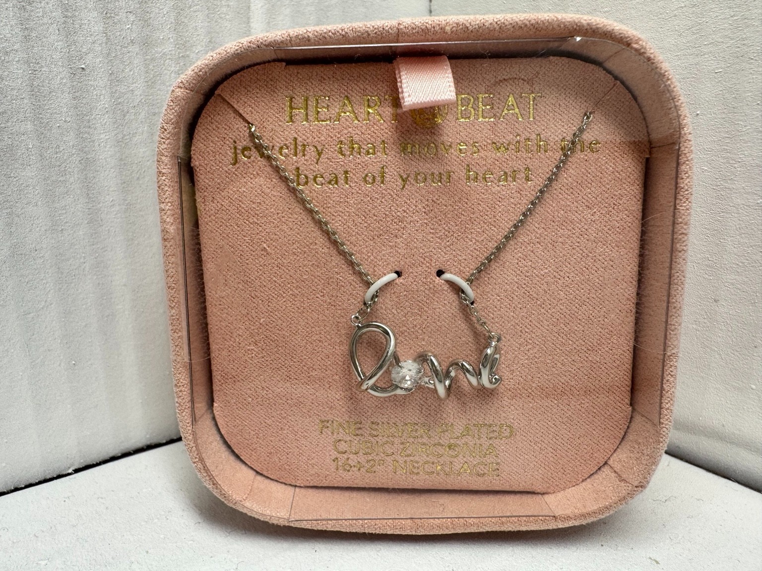Heartbeat Love Necklace Silver Tone CZ Crystal Pendant Gift Box NIB