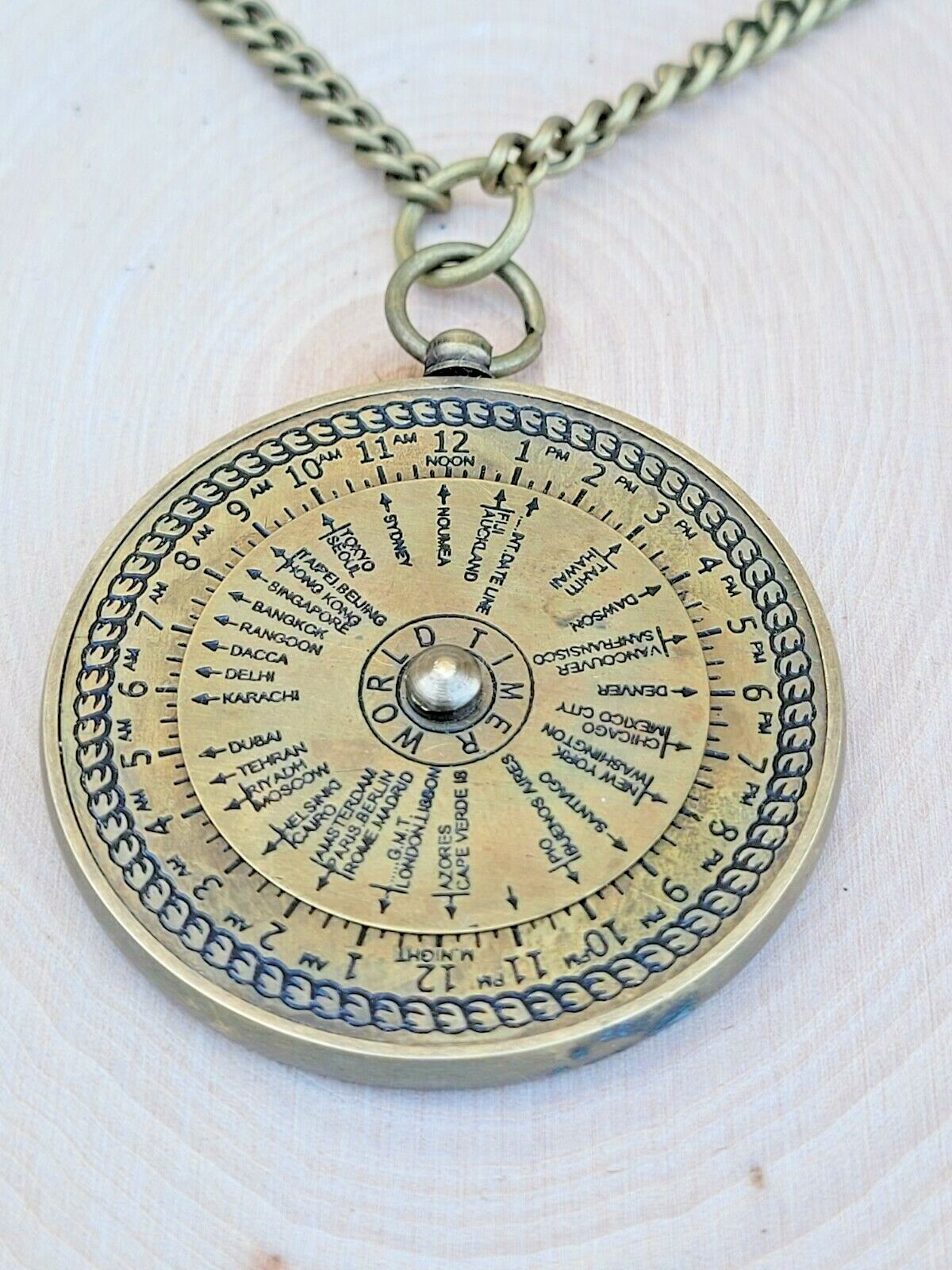 Brass Nautical Pendant Vintage Style Solid Brass Necklace World Timer