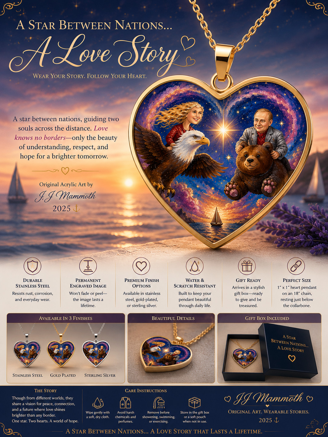 Stars Between Nations Heart Pendant Necklace by JJ Mammoth