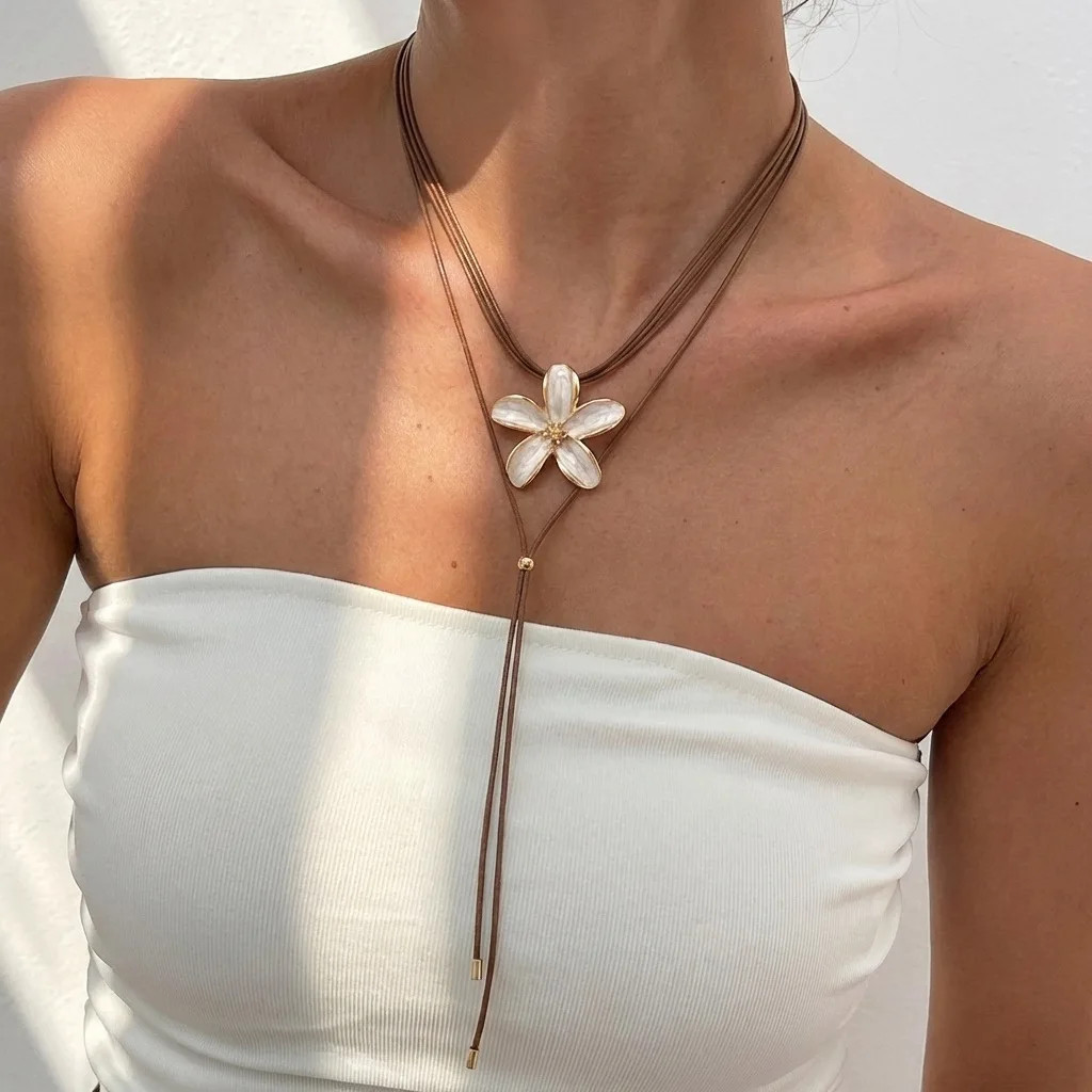 Bohemian Red Flower Necklace Multi-layer Leather Cord Adjustable Long Neck Jewel
