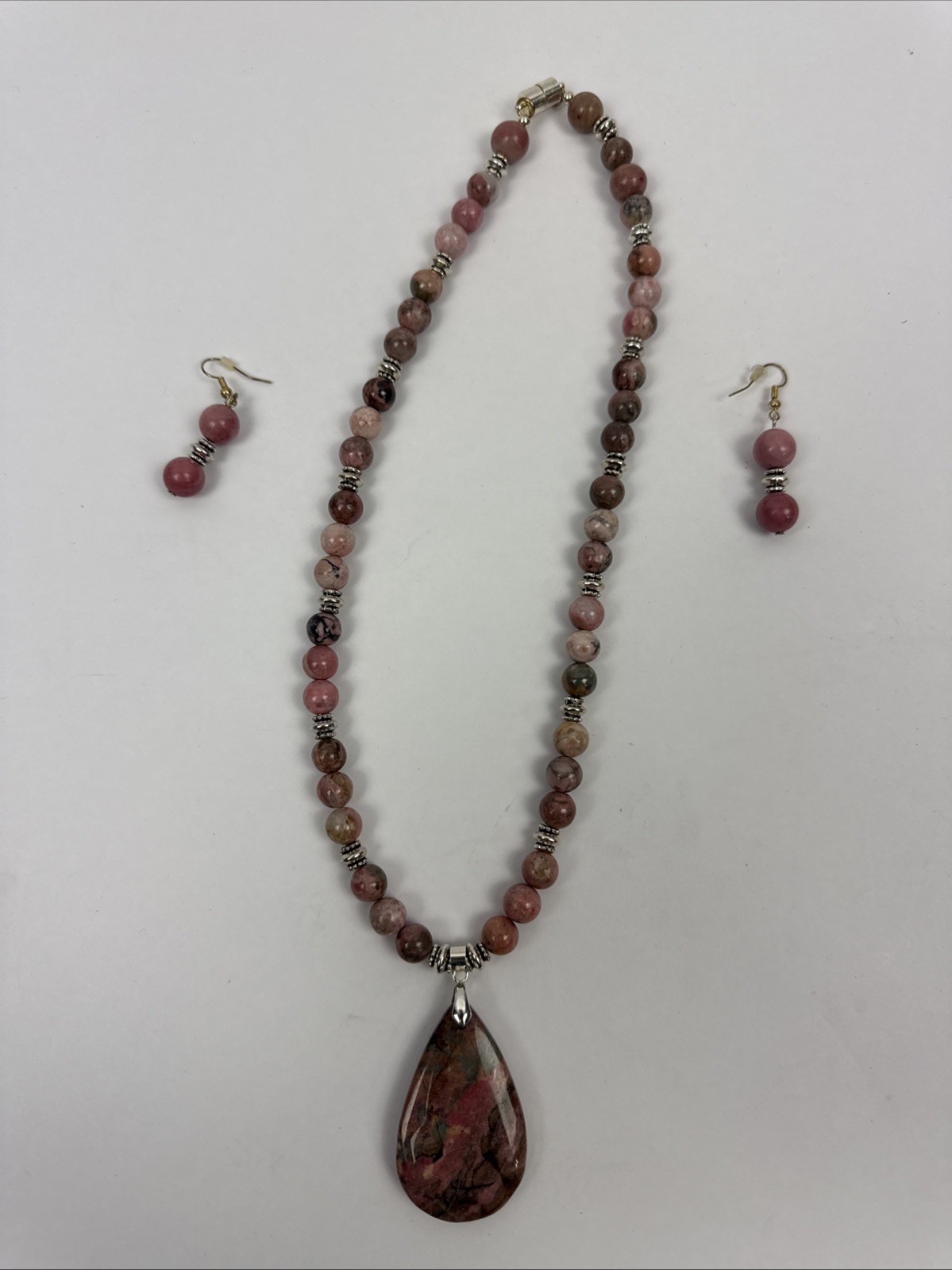 Pink Rhodonite Pendant With Smooth Round Gemstones With Matching Ear Rings 18KGP