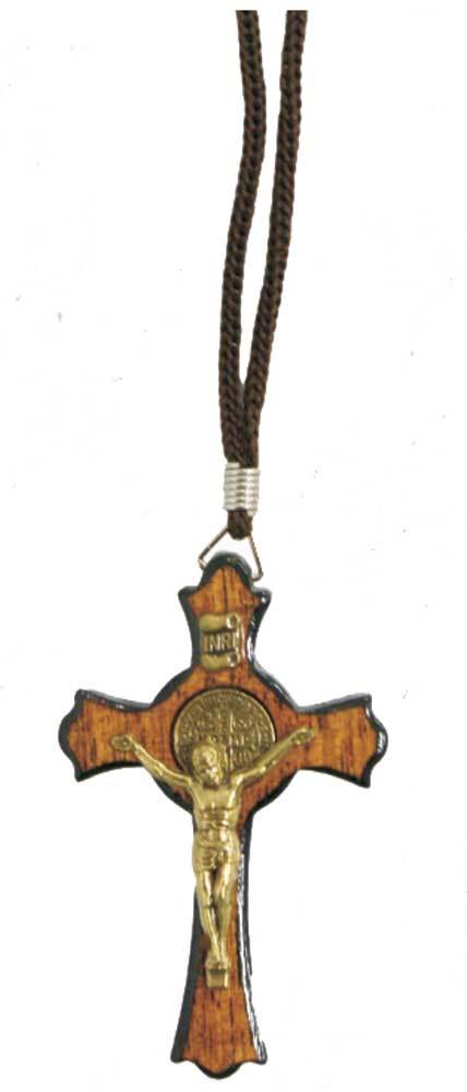 Saint Benedict Wood Crucifix Necklace, Catholic Religious Cross On Cord, 1.77 In