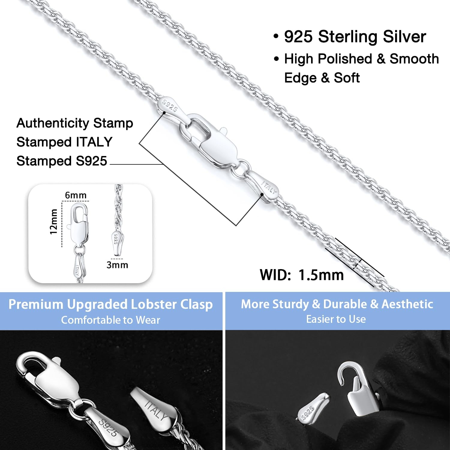 Jewlpire 925 Sterling Silver Chain Necklace For Women 1.5Mm Rope Chains Silver