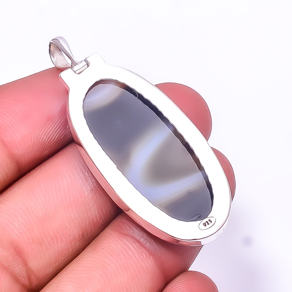 Natural Black Banded Agate 925 Sterling Silver Pendant 2.07″ P31, Christmas Gift